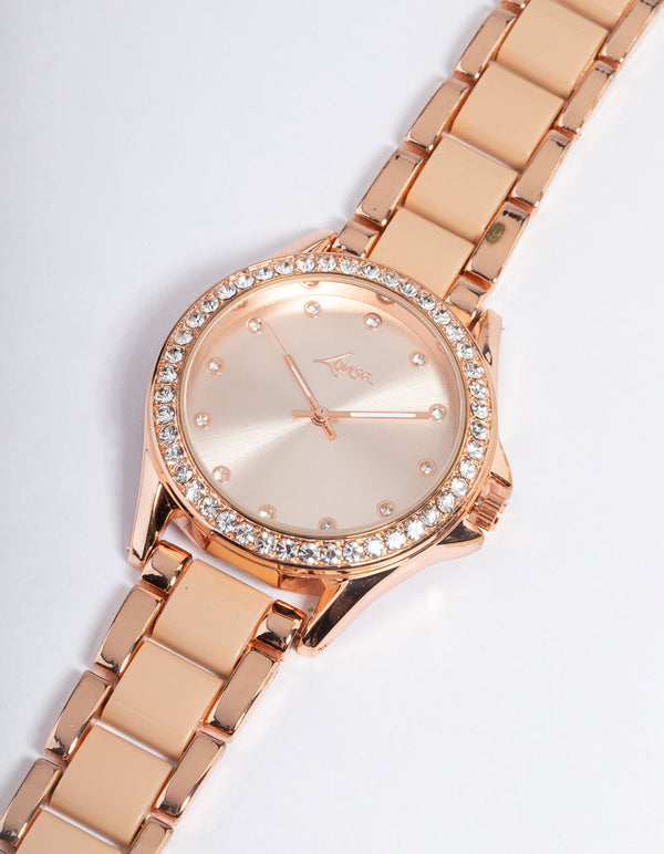 Rose Gold Coated Band Diamante Watch