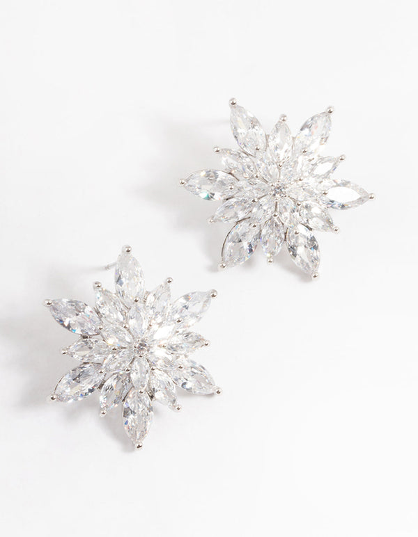 Rhodium Diamond Simulant Large Flower Stud Earrings