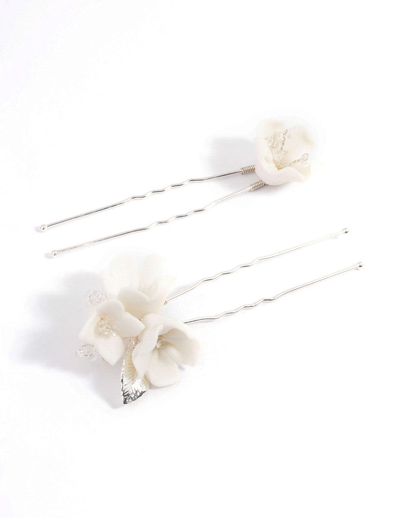 White Large Flower Hair Pin Pack