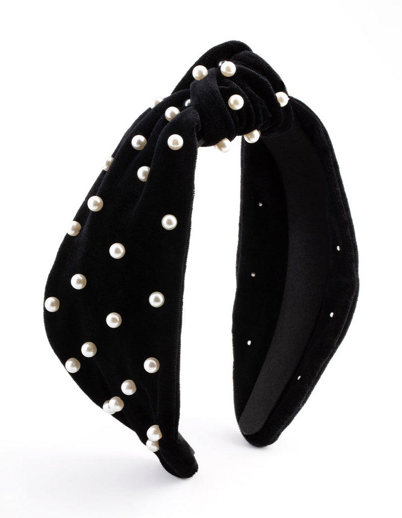 Black & White Velvet Pearl Embellished Headband