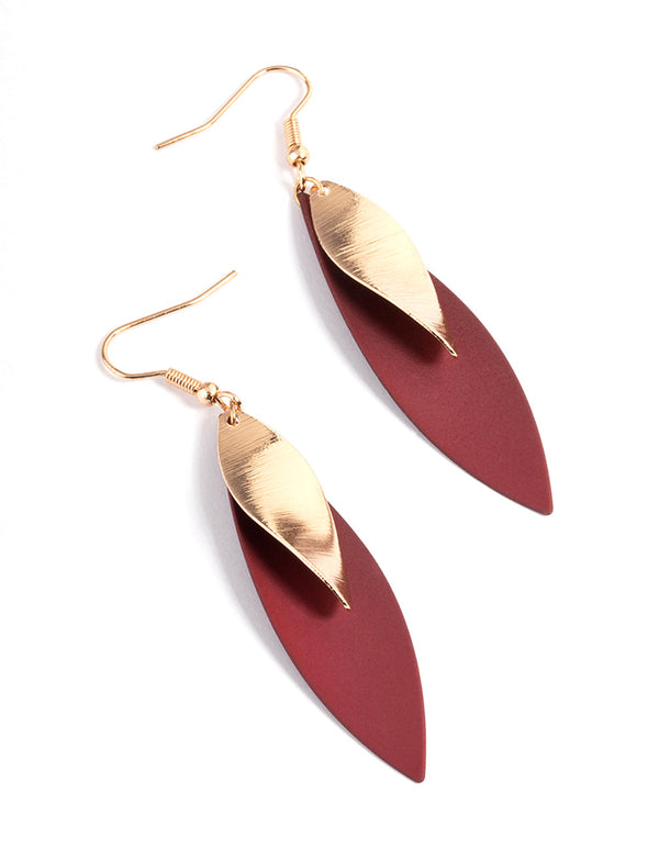 Maroon Long Double Leaf Drop Earrings