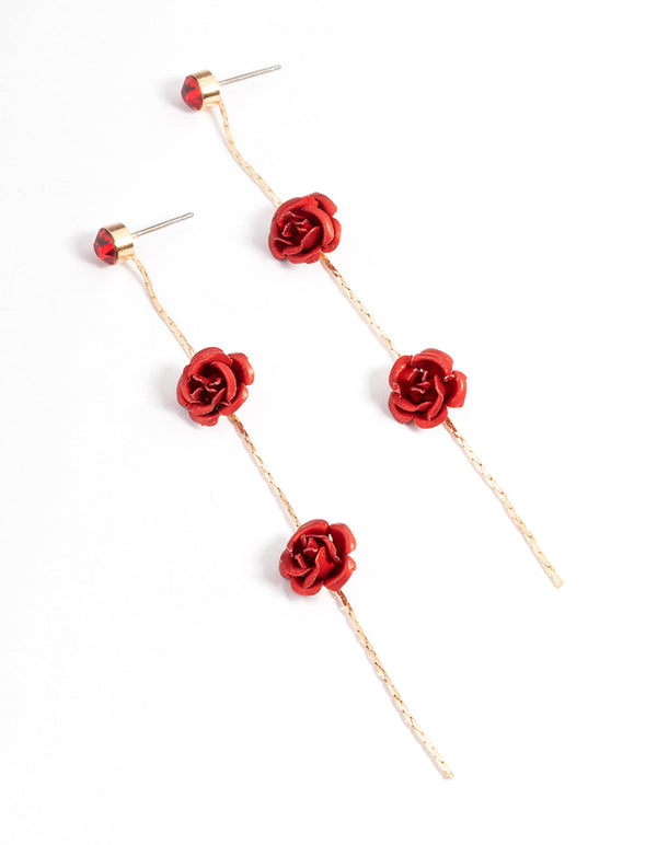 Red Diamante & Flower Chain Drop Earrings