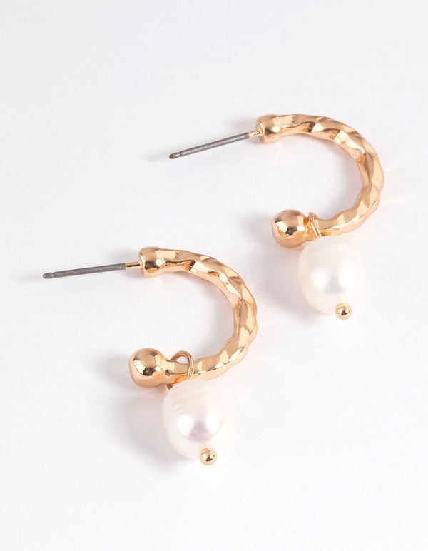 Gold Freshwater Pearl Textured Hoop Earrings