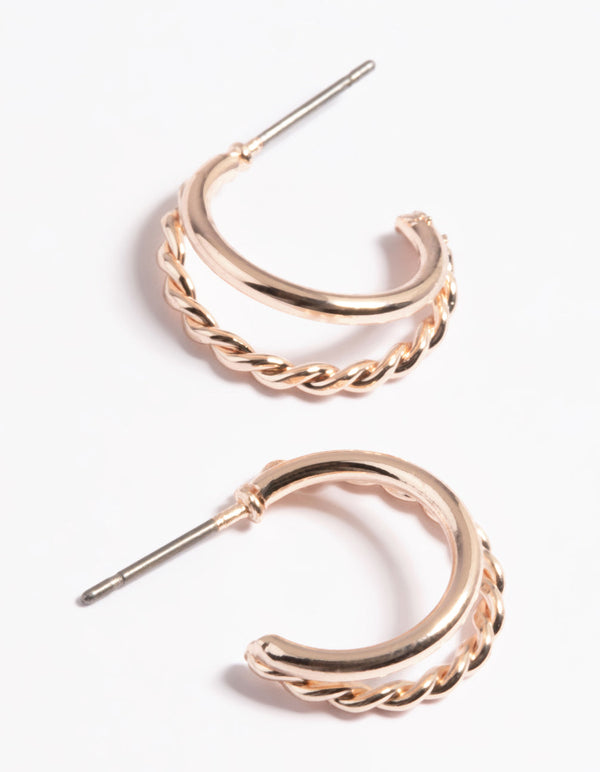 Rose Gold Plain & Twist Double Huggie Earrings