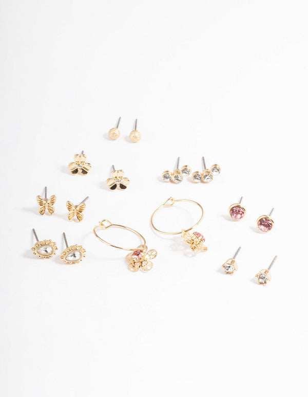 Gold Dainty Diamante Garden Earrings 8-Pack