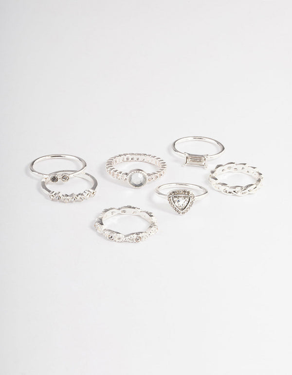 Silver Diamante Mixed Ring Pack