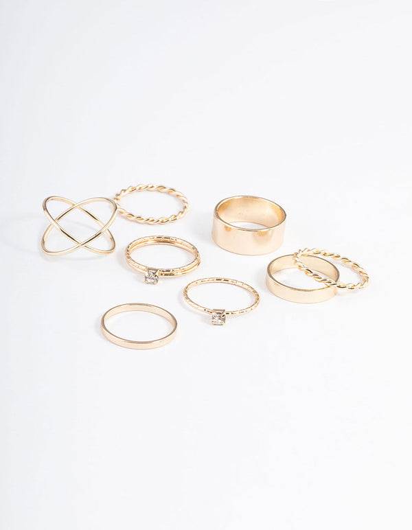 Gold Thick & Diamante Stack Ring 8-Pack