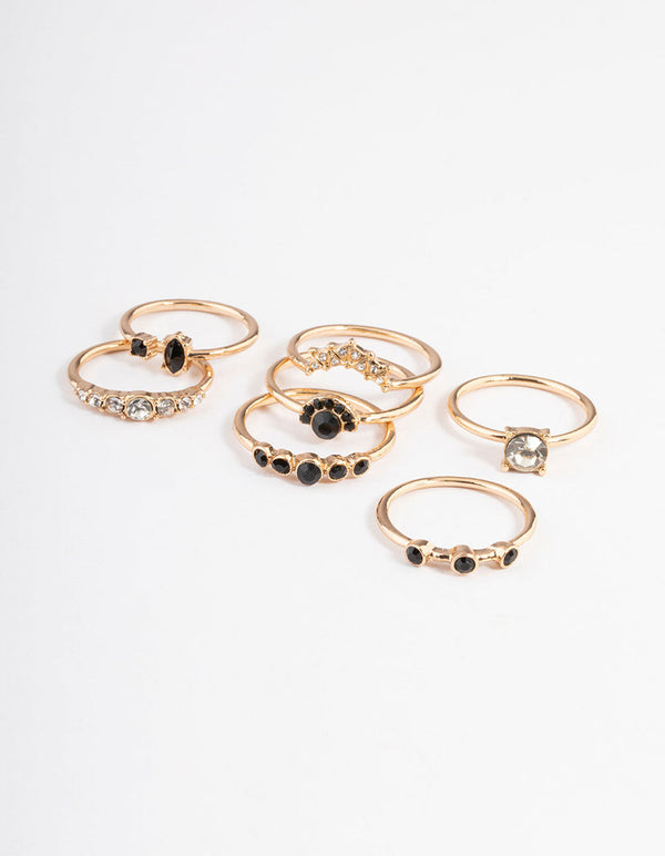 Gold Diamante & Stone Curve Ring Pack