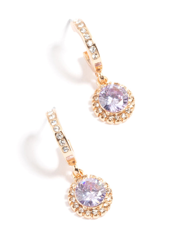 Gold Lilac Diamante Halo Huggie Earrings