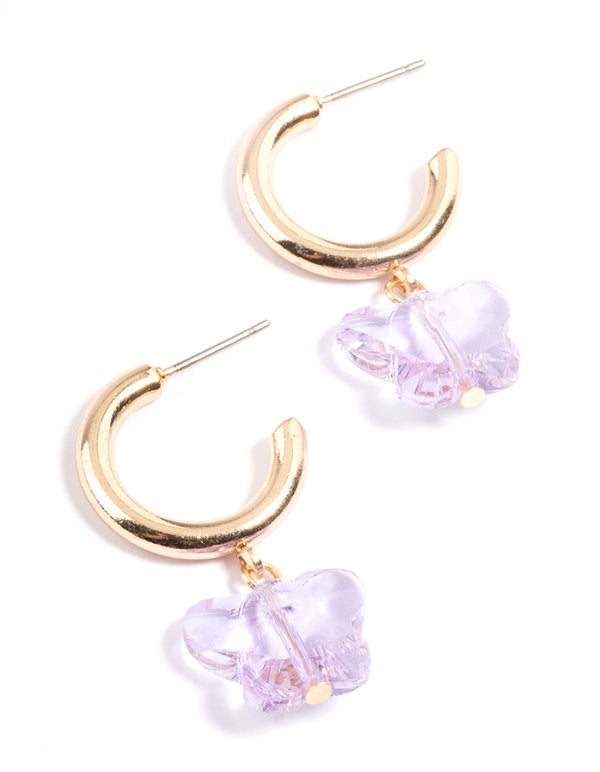 Gold Lilac Butterfly Charm Huggie Earrings