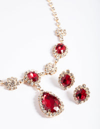 Gold Diamond Simulant Ruby Oval Flower Earring & Necklace Set - link has visual effect only