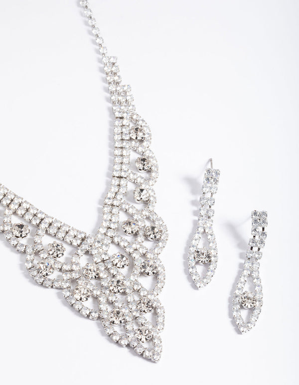Diamond Simulants Rhodium Fancy Statement Earrings & Necklace Set