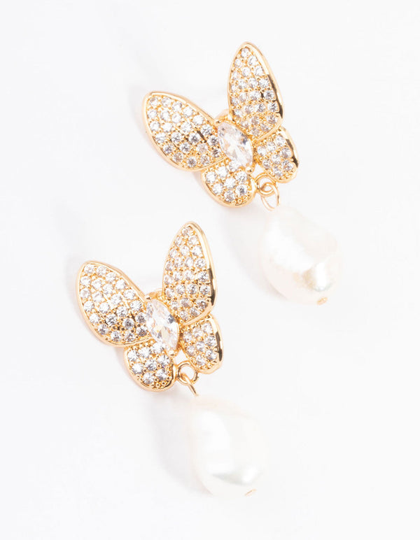 Gold Plated Cubic Zirconia Butterfly Freshwater Pearl Drop Earrings