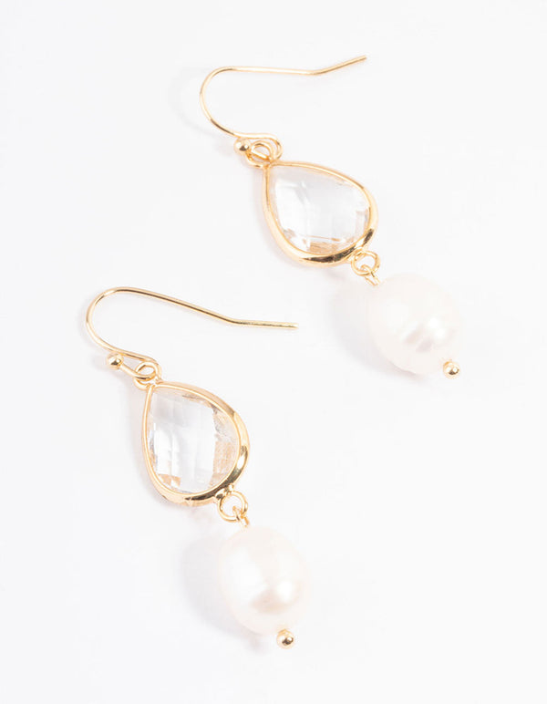 Gold Plated Clear & Freshwater Pearl Drop Earrings