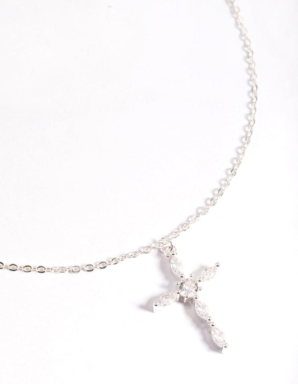 Silver Classic Diamante Cross Necklace