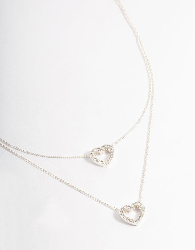 Silver Double Diamante Open Heart Necklace
