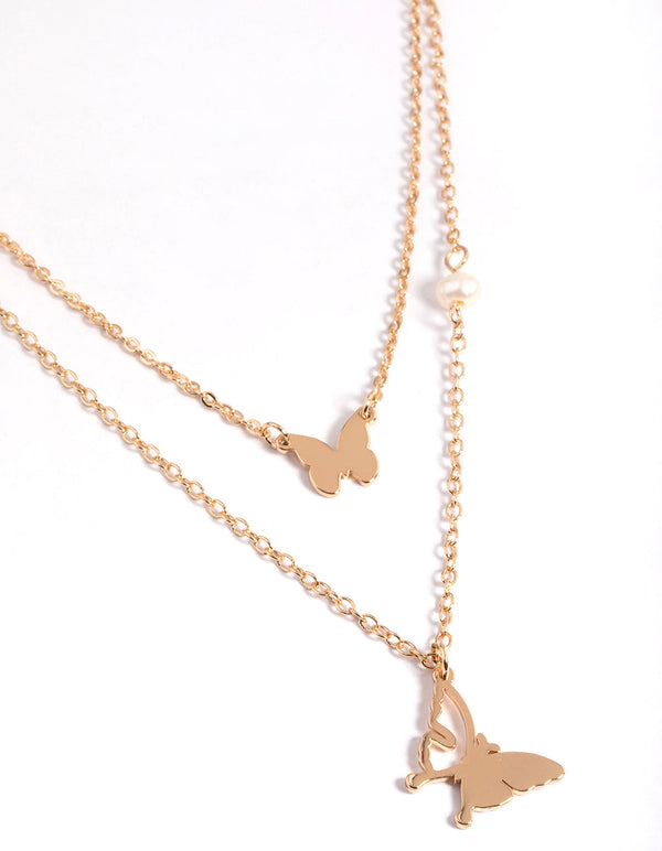 Gold Pearl & Butterfly Station Necklace
