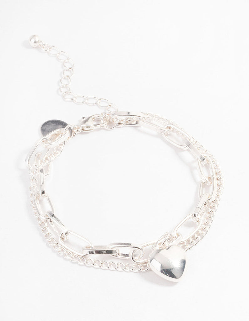 Silver Layered Chain Heart Bracelet
