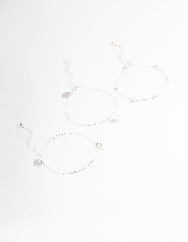 Silver Dainty Circle & Wing Bracelet Pack