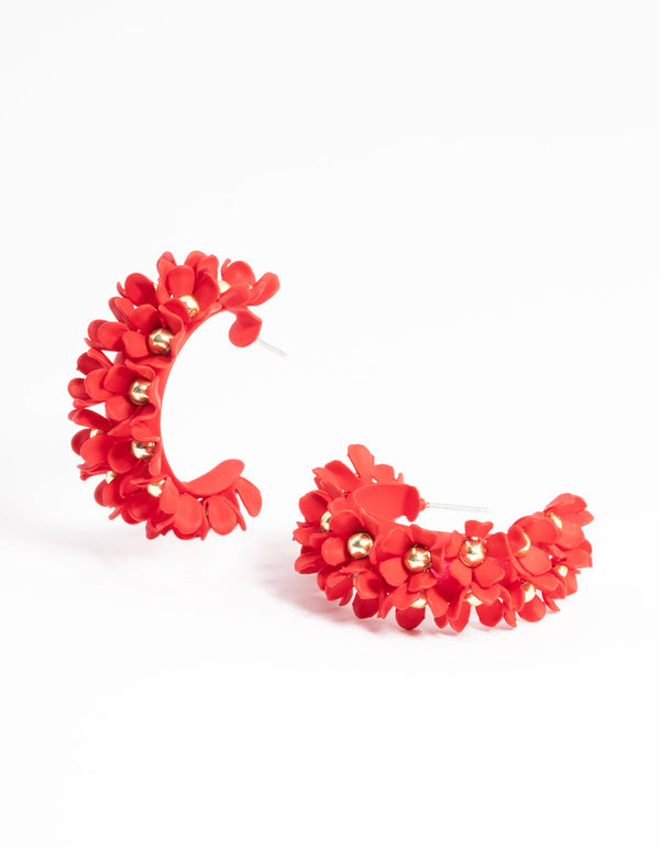Red Cluster Flower Hoop Earrings