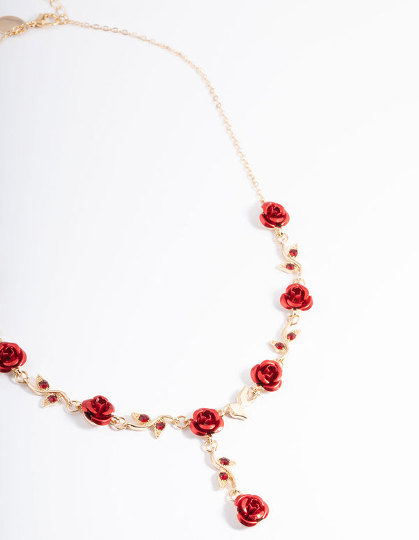 Red Diamante Rose Y-Necklace