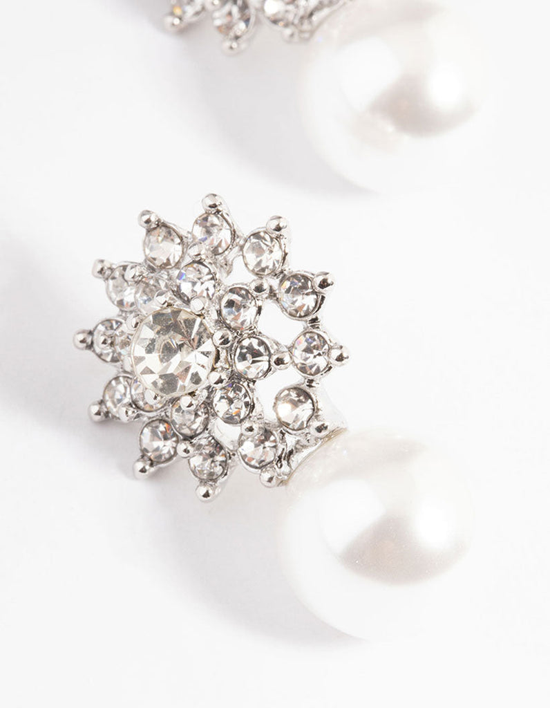 Rhodium Diamante Swirl Pearl Stud Earrings