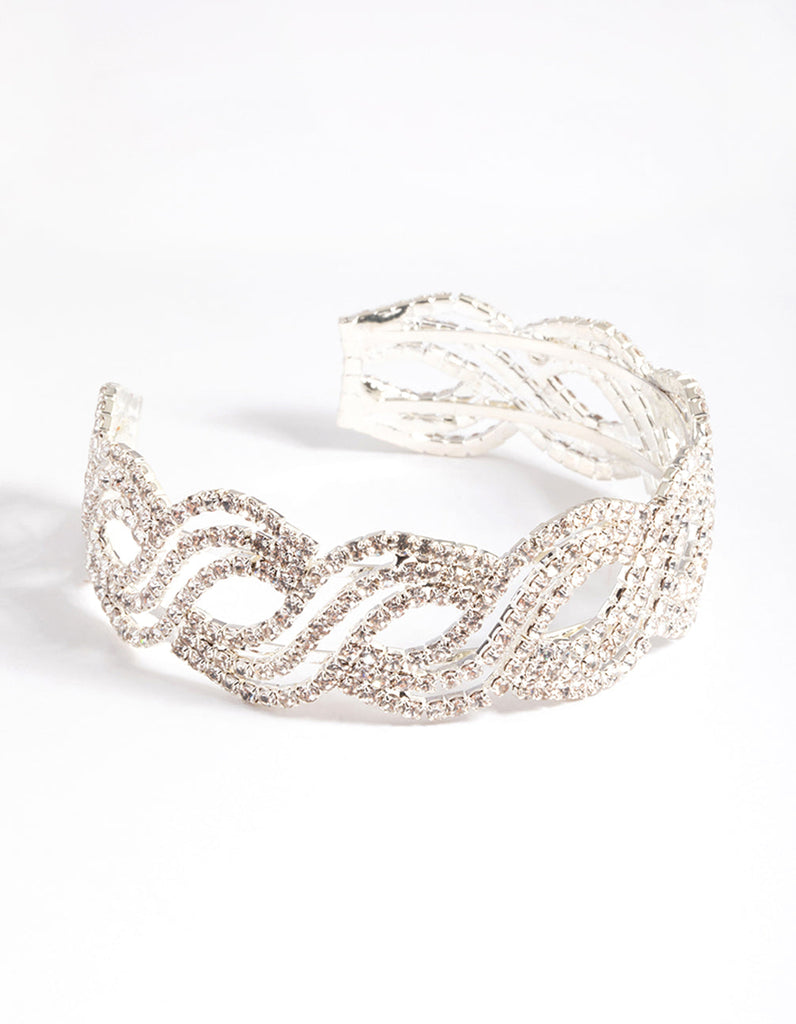 Silver Twist Petal Diamante Cuff Bracelet