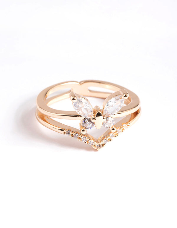 Gold Cubic Zirconia Butterfly Double Band Ring