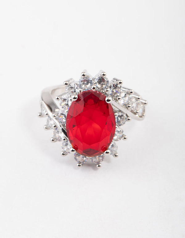 Rhodium Cubic Zirconia Vintage Red Oval Ring