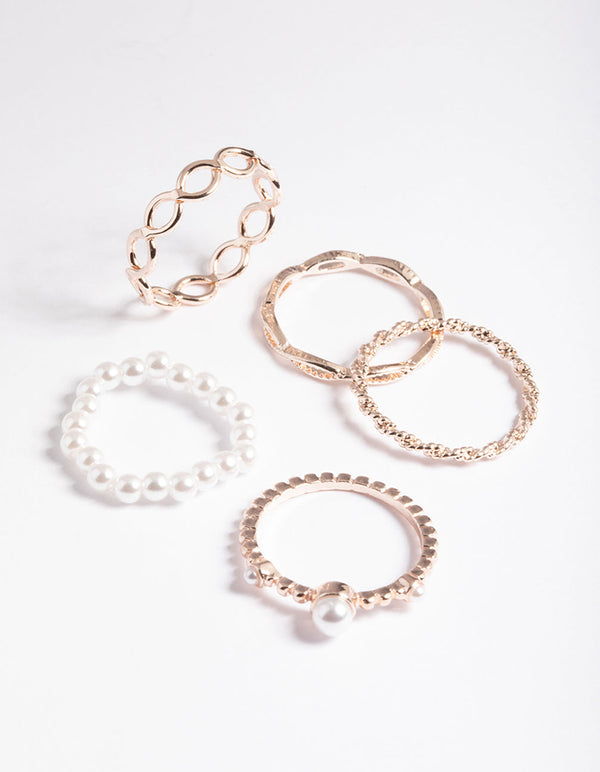 Rose Gold Pearl & Twist Ring 5-Pack