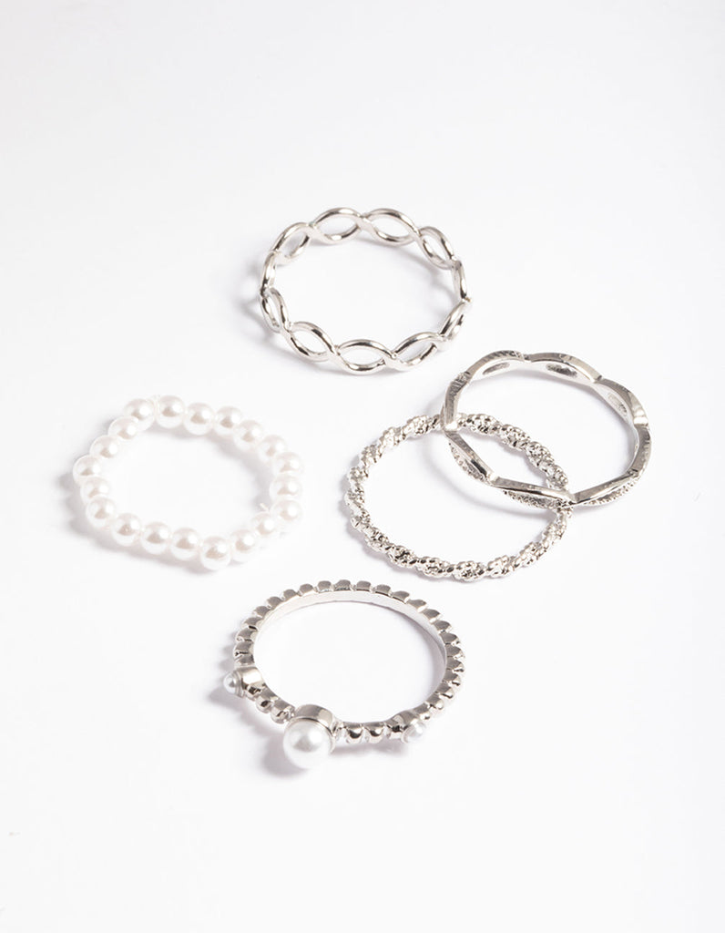 Rhodium Pearl & Twist Ring 5-Pack