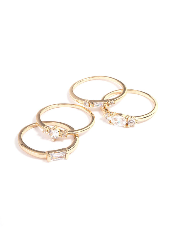 Gold Plated Cubic Zirconia Mixed Shape Rings 4-Pack