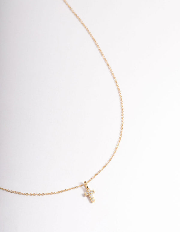 Gold Plated Sterling Silver Cubic Zirconia Small Cross Necklace