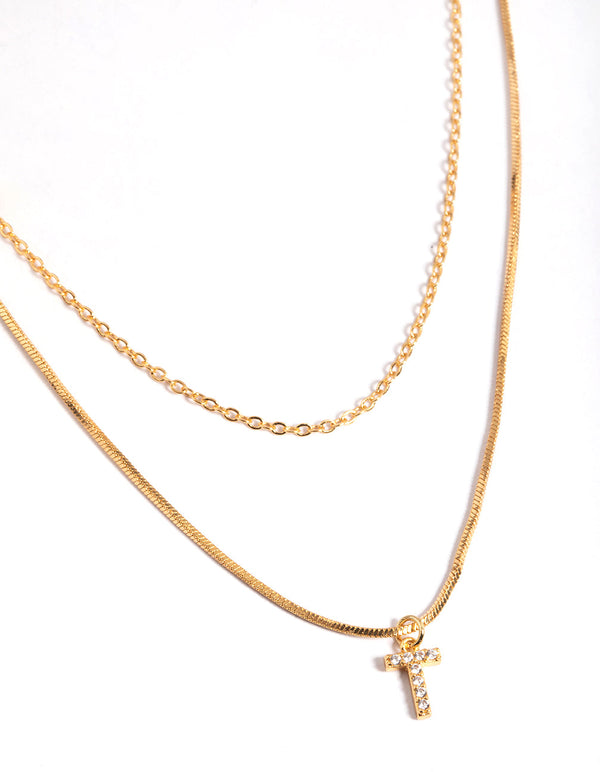 Letter T Gold Plated Layered Diamante Initial Necklace