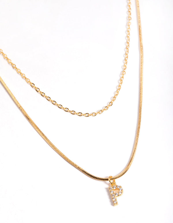 Letter P Gold Plated Layered Diamante Initial Necklace