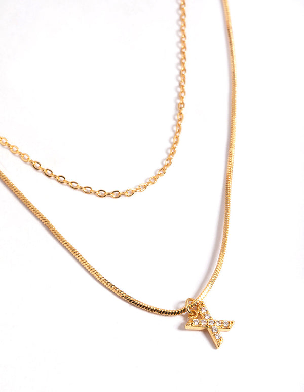 Letter X Gold Plated Layered Diamante Initial Necklace