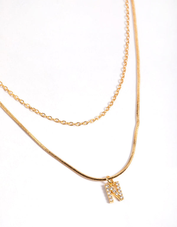 Letter N Gold Plated Layered Diamante Initial Necklace