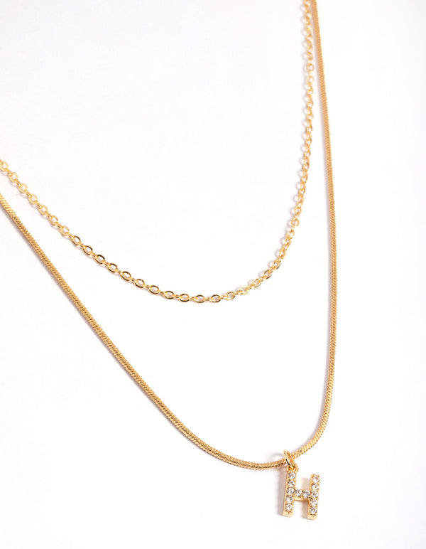 Letter H Gold Plated Layered Diamante Initial Necklace
