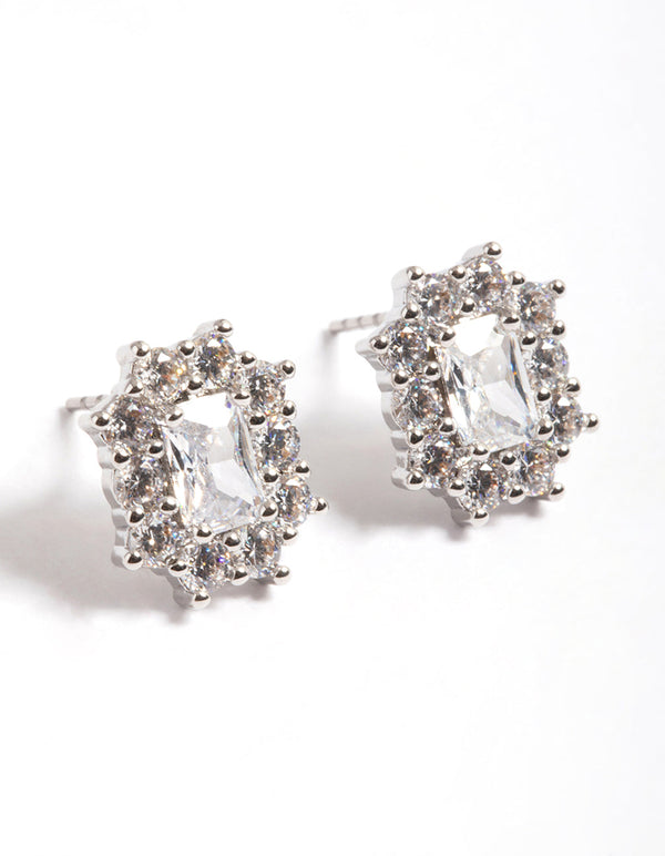 Rhodium Diamante Rectangle Stud Earrings