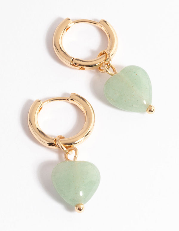 Gold Jade Semi-Precious Heart Huggie Earrings