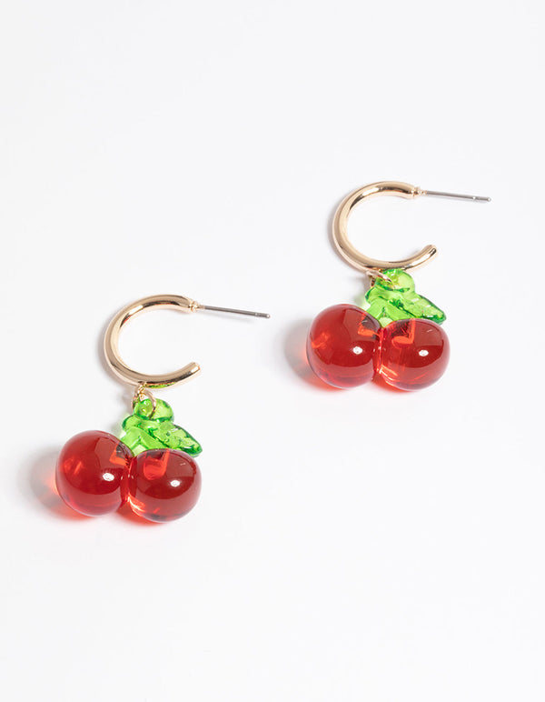 Red Clear Cherry Huggie Earrings
