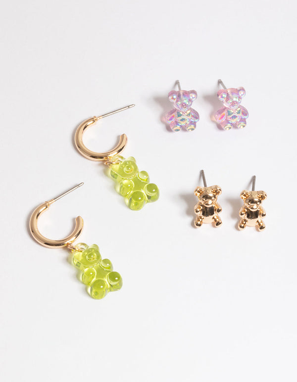 Mixed Lilac & Lime Green Bear Huggie Earrings Pack