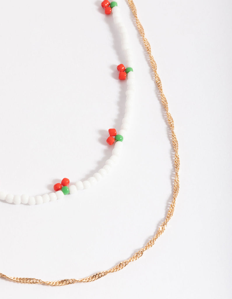 Gold Cherry White Bead 2-Row Necklace