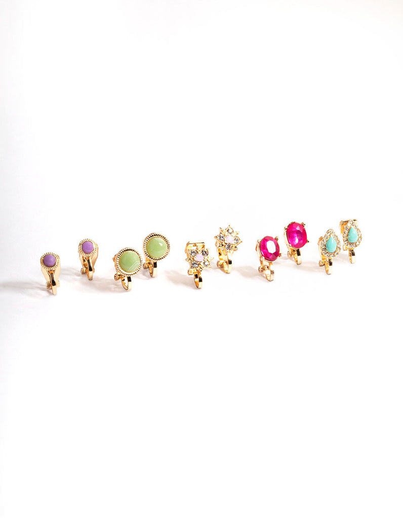 Gold Flower Stone Clip On Earrings 5-Pack
