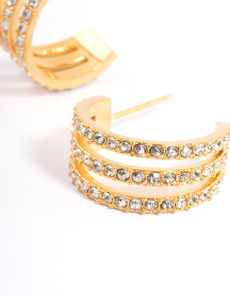 Gold Plated Stainless Steel Diamante Three Hoop Earrings