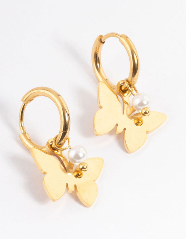 Gold Plated Stainless Steel Butterfly Pearl Huggie Earrings