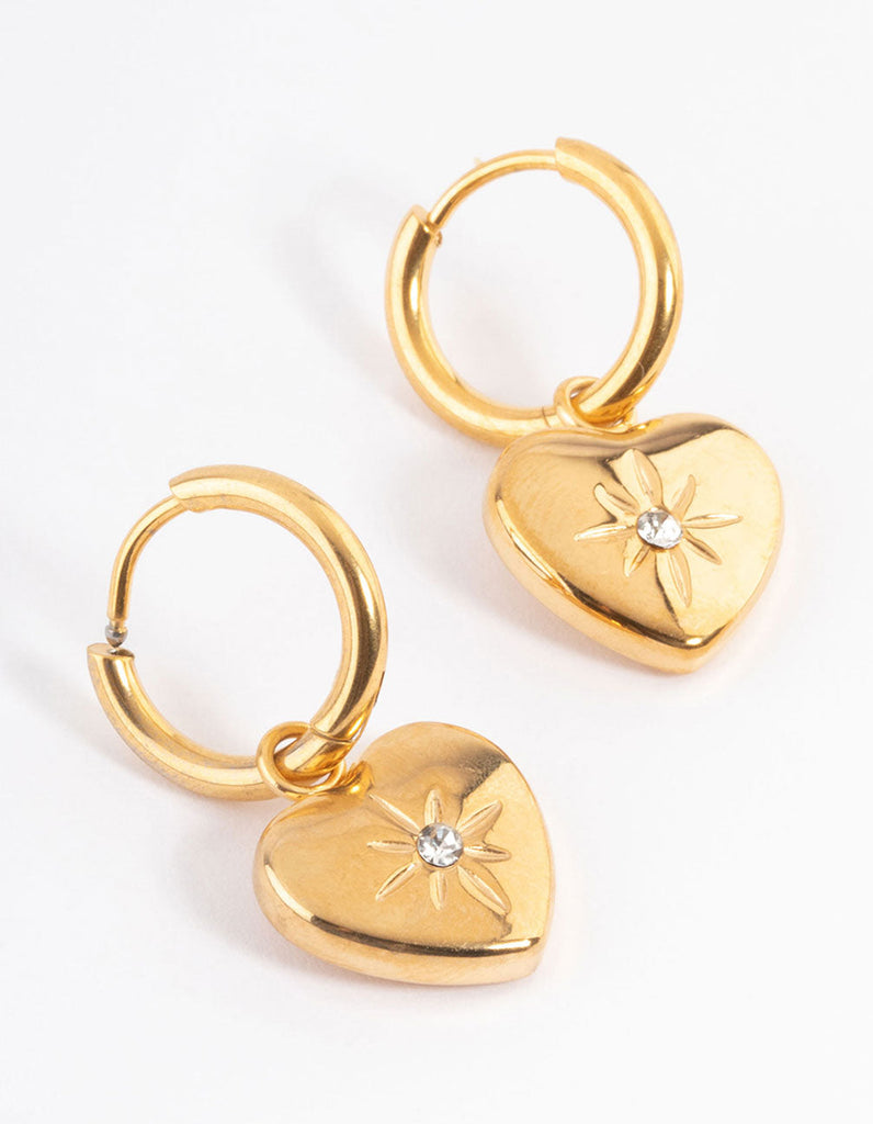 Gold Plated Stainless Steel Diamante Heart Huggie Earrings