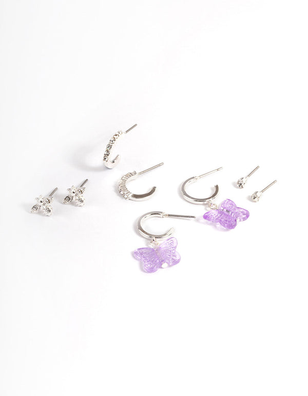 Silver Acrylic Butterfly & Bee Earrings 4-Pack