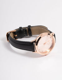 Rose Gold Diamante Black Leather Watch - link has visual effect only