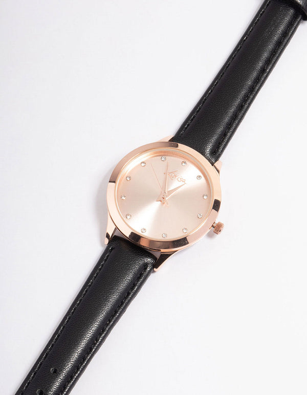 Rose Gold Diamante Black Leather Watch
